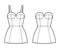 Set of dresses tube technical fashion illustration with bustier, sleeveless fitted body, mini length ruffle tiered skirt