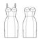 Set of dresses tube technical fashion illustration with bustier, sleeveless, strapless, fitted body, knee length skirt