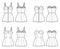 Set of dresses tube Zip-up technical fashion illustration with bustier, sleeveless, strapless, fitted body, mini length