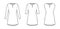 Set of dresses tunic technical fashion illustration with long elbow sleeves, oversized, mini length skirt, slashed neck