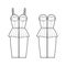Set of dresses Zip-up bustier peplum denim technical fashion illustration with sleeveless, strapless, fitted body, knee