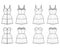 Set of dresses Zip-up bustier technical fashion illustration with sleeveless, strapless, fitted body, mini length ruffle