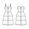 Set of dresses Zip-up denim bustier technical fashion illustration with sleeveless, strapless, knee mini length ruffle