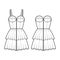 Set of dresses Zip-up denim bustier technical fashion illustration with strapless, fitted body, knee mini length ruffle