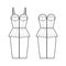Set of dresses Zip-up peplum technical fashion illustration with sleeveless, strapless, fitted body, knee length ruffle