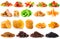 Set of dried fruit candied fruits, pineapples, apples, raisins, bananas and mangoes isolated on a white background