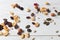 Set of dried fruits with wood background
