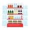 Set of drink and alcohol product on supermarket shelves. Food store interior. Bottle of water, beer, wine, juice. Cartoon vector