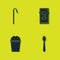 Set Drinking plastic straw, Disposable spoon, Paper glass water and Megaphone mobile icon. Vector