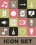 Set Drum, Microphone, Musical note, Clarinet, Dial knob level, Stereo speaker, tone and book with icon. Vector