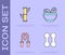 Set Dumbbell, Bamboo, Jump rope and Salad in bowl icon. Vector