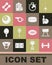 Set Dumbbell, Pommel horse, Bowling pin and ball, Stopwatch, Whistle, Billiard pool snooker, and Hockey puck icon