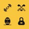 Set Dumbbell, Weight, American Football ball and Ice hockey sticks and puck icon with long shadow. Vector