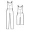 Set of Dungarees Denim overall jumpsuit dress technical fashion illustration with full knee length, normal waist