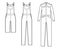 Set of Dungarees Denim overall jumpsuit technical fashion illustration with full knee length, high rise, pockets, Rivets