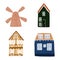 Set dutch houses isolated on white background. Cartoon sketch hand drawn houses, mill, traditional cottage.