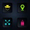 Set Dynamite bomb, Western cowboy hat, Crossed arrows and Hexagram sheriff. Black square button. Vector