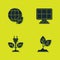 Set Earth globe and leaf, Plant, Electric saving plug in and Solar energy panel icon. Vector