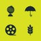 Set Earth globe, Wheat, Film reel and Umbrella icon. Vector