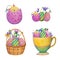 Set of easter or birthday yellow chickens in the eggs, basket, cup. With flowers.