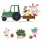 Set of Easter bunny drive car with truck, decorated eggs hunter holding full basket, cute white rabbit auto driver