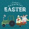 Set of Easter bunny drive car with truck, decorated eggs hunter holding full basket, cute white rabbit auto driver