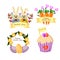 Set with Easter bunny, Easter cake, carrots and a wreath of flowers.