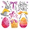 Set of easter characters. Elements for your design. Watercolor drawing. Pink shades. Rabbit, basket, Easter eggs and willow twigs