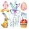 Set of easter characters. Flowers, eggs, rabbit, wicker basket. Watercolor drawing