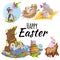 Set of easter chocolate egg hunt bunny basket on green grass decorated flowers, rabbit funny ears, happy spring holiday