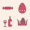 Set Easter egg, Candy, Cracked egg and Wine bottle with glass icon. Vector