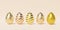 Set of Easter eggs decorated with golden textures and patterns on beige background, spring April holidays card, 3d illustration