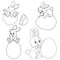 Set of easter hares with eggs, drawn in black line, all on separate layers, vector illustration