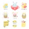 Set of easter and spring logo with cute illustrations and lettering