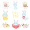 Set of easter and spring logo with cute illustrations and lettering