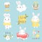 Set of easter and spring logo with cute illustrations and lettering