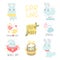 Set of easter and spring logo with cute illustrations and lettering