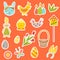 Set of Easter stickers: eggs, rabbit, chick, birdhouse, rabbit ears, bunny, flowers. Cute cartoon illustrations.