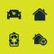 Set Eco car drive with leaf, House recycling, Battery recycle and icon. Vector