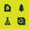 Set Eco friendly house, Recycle, Garbage bag with recycle and Christmas tree icon. Vector
