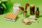 Set of eco friendly natural cleaning products, bamboo brush, lemon, baking soda, spray bottle, wicker basket, kitchen