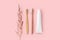 Set of eco-friendly toothbrushes, toothpaste and other tools on pink background. Dental and healthcare concept.