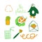 Set of ecological illustrations in green and orange.A collection of images