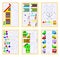 Set of educational pages on square paper for little children. Coloring book. Developing writing, drawing and tracing skills.