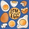 Set eggs, boiled, halves, half-shell brown eggshell with contour. Print for stickers, cards, invitations, banners, posters, menus,