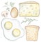 Set with eggs, cheese, toast, mushroom and greenery