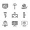 Set Egyptian house, Cross ankh, Eye of Horus, Papyrus scroll, man, lotus, ship and pyramids icon. Vector