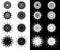 Set of eight decorative spirograph symbols. Round design elements isolated on white and black background. Vector