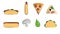 A set of eight icons of items of delicious food and snacks for a cafe bar restaurant on a white background: pizza, hot dog,