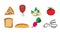 A set of eight icons of items of delicious food and snacks for a cafe bar restaurant on a white background: pizza, meat, ham,